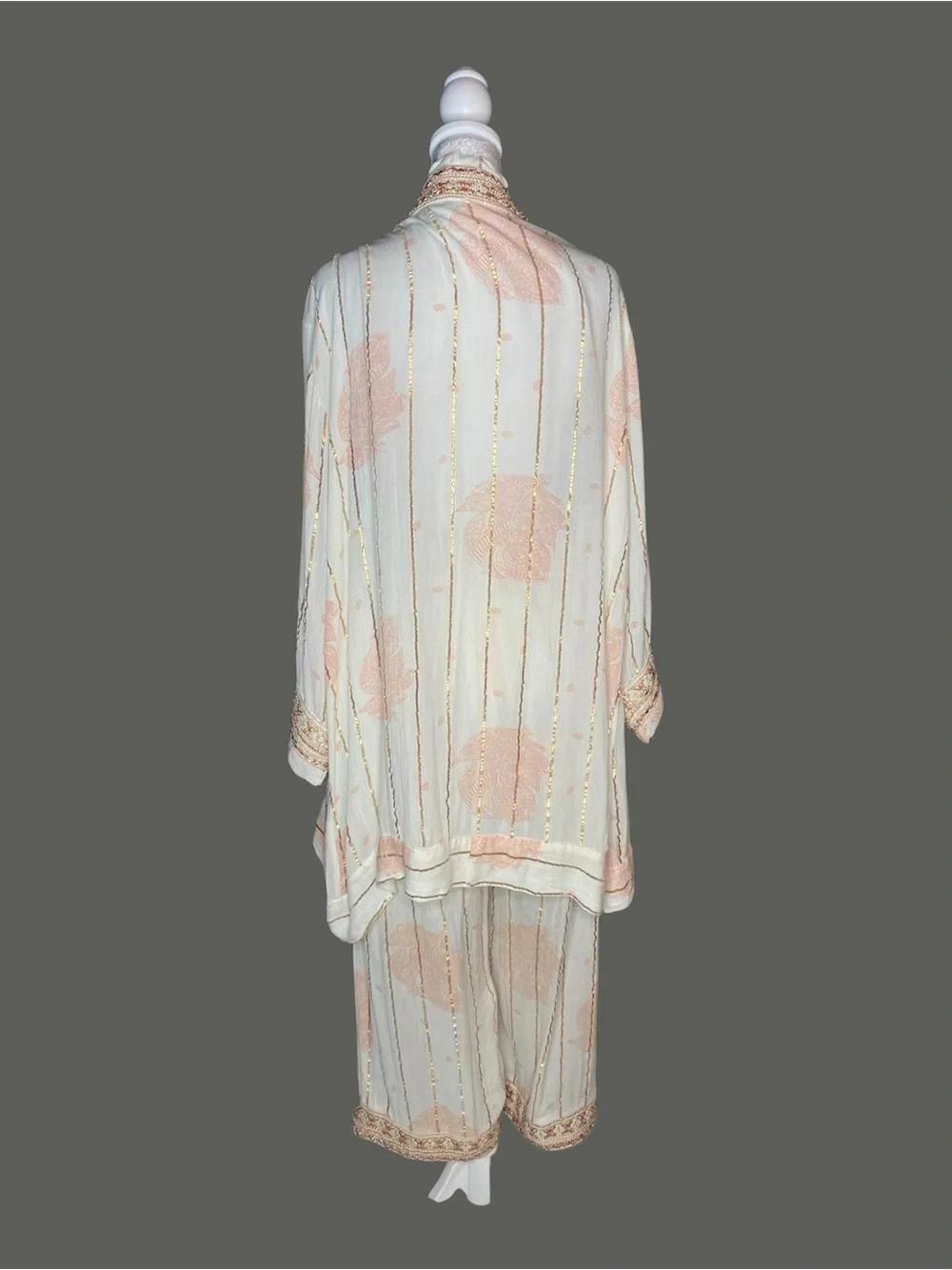 NWOT! ZURY Cream & Peach Embroidered Bohemian Kimono & Wide-Leg Pants Set - OS